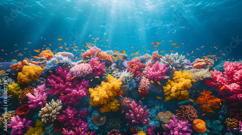 Top view of a colorful coral reef, spacious copy space, no text, no logo, no brand, no letters, Cinematic, vibrant colors, wallpaper style, master piece, background, photorealistic