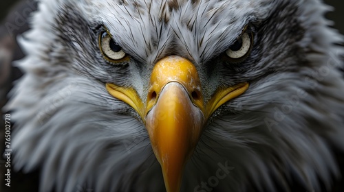 A closeup shot of the bald eagle's intense gaze, showcasing its powerful beak and piercing eyes,