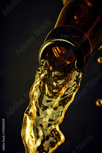 Close-up of beer bottle with chill lager beer pouring against dark background. Concept of alcohol and non-alcohol drinks, refreshment. Poster, banner for ad