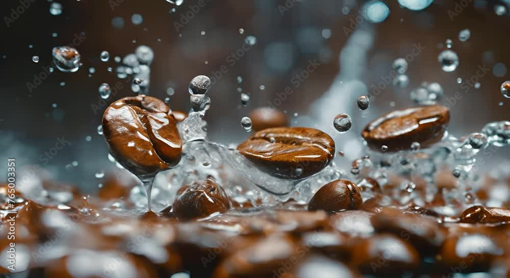 Freshly roasted coffee beans tumbling down with a splash of hot water