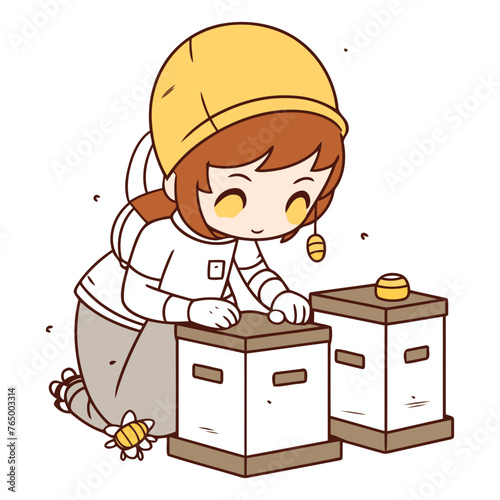 Illustration of a Little Girl in Beekeeping Uniform Opening a Box of Honey