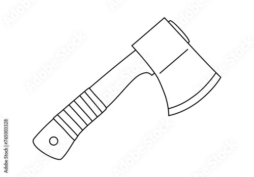 Hand drawn cute outline illustration of camping axe. Flat vector outdoor hatchet for chopping wood sticker in line art doodle style. Tourism survival icon. Adventure, hiking. Isolated.