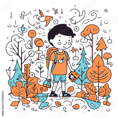 Vector illustration of a boy with a skateboard in his hands. surrounded by autumn nature.