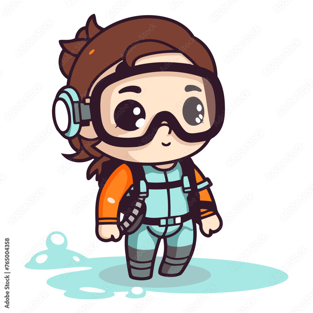 Cute cartoon boy wearing scuba diving suit.