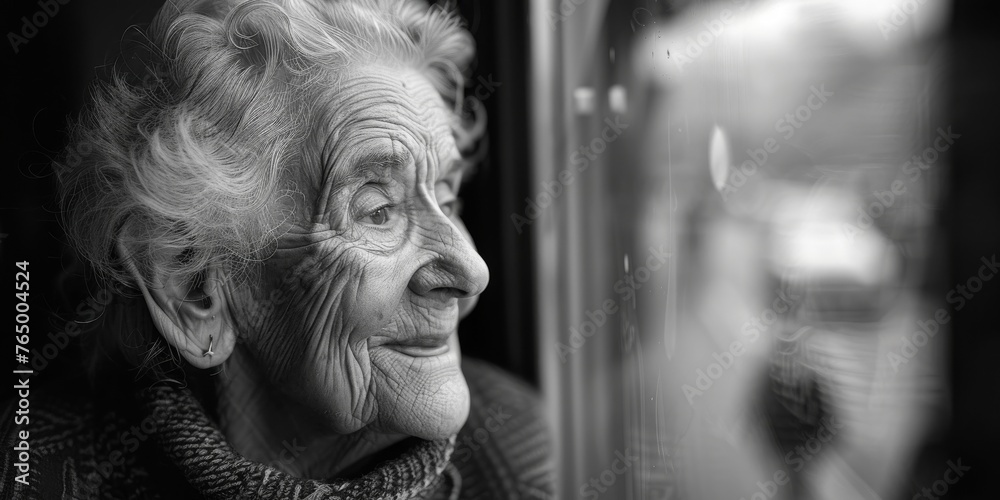 A woman with white hair and a smile is looking out a window