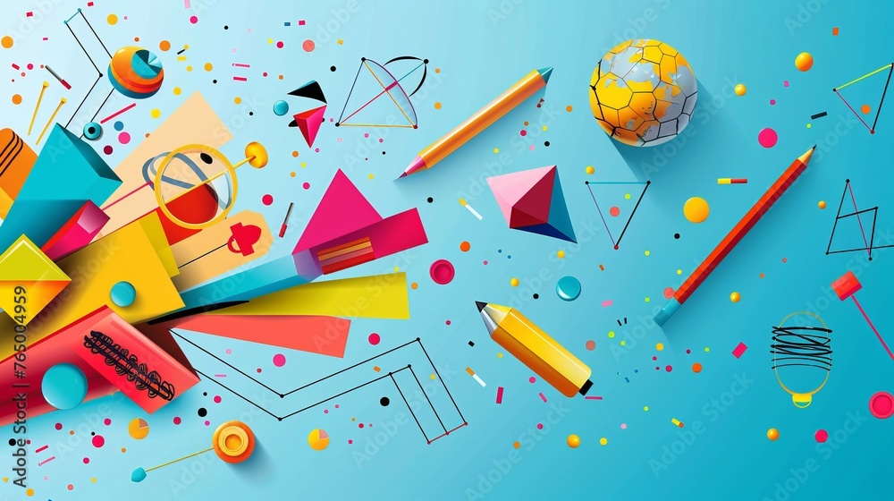 Vibrant back-to-school background: colorful geometric shapes & academic symbols