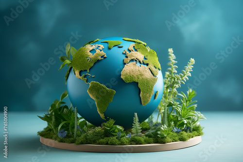 Planet Earth model with fresh green plants on blue background. Green planet creative concept. Earth day. Environment and ecology care. Symbol of sustainable development and renewable energy