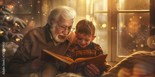 An old man and a young boy are sitting together reading a book