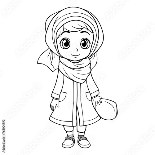 Vector illustration of a little girl in a turban with a bag