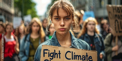 A girl is holding a sign that says "Fight Climate Change" © xartproduction