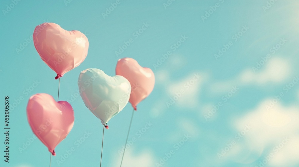 Pastel heart balloons floating against a soft blue sky