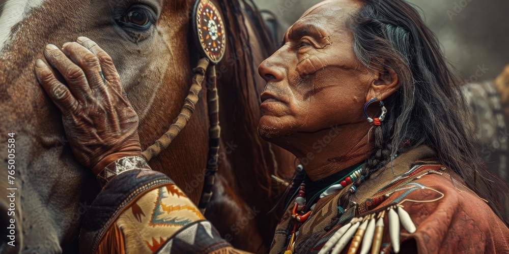 Obraz premium A man wearing a headdress and holding a horse
