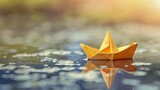 Origami paper boat on a reflective water surface