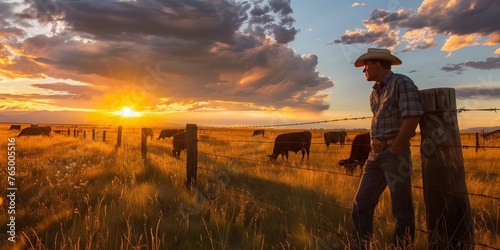 A man in a cowboy hat stands in a field of cattle photo