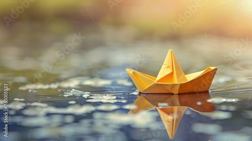 Origami paper boat on a reflective water surface