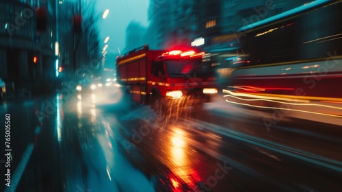 Firetruck rush in night city street road