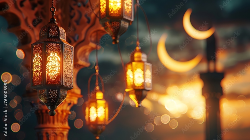 Fototapeta premium Lanterns are lit and hung under the roof of the house. Ramadan greeting background. Ramadan Kareem
