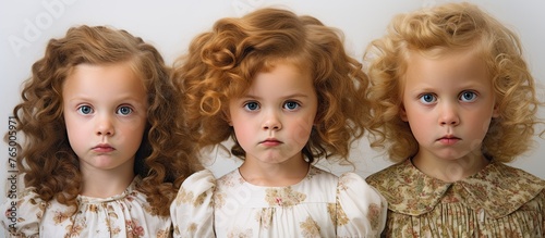 Three little girls, each with curly hair and striking blue eyes, are gazing directly at the camera photo
