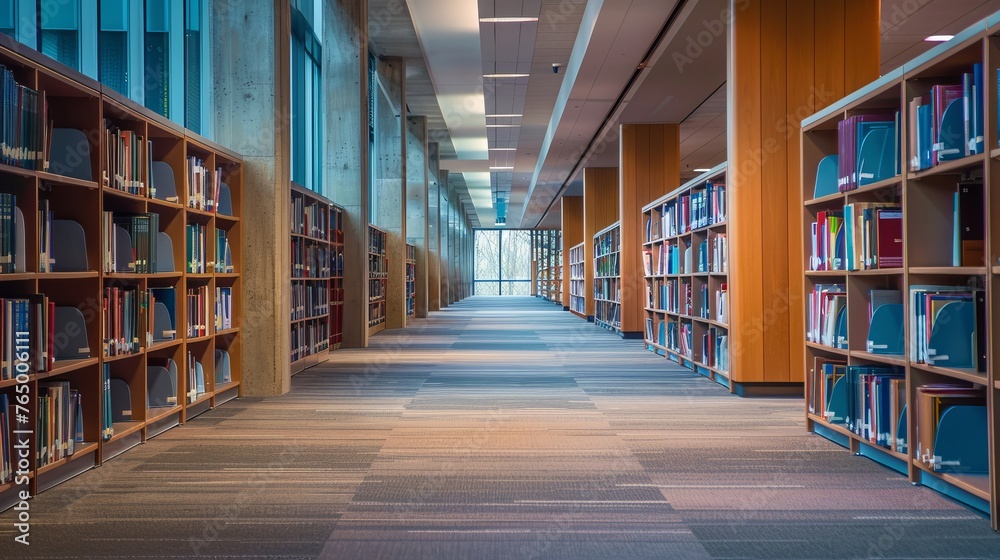 Empty college library corridor with rows of bookshelves, quiet study environment, educational atmosphere

