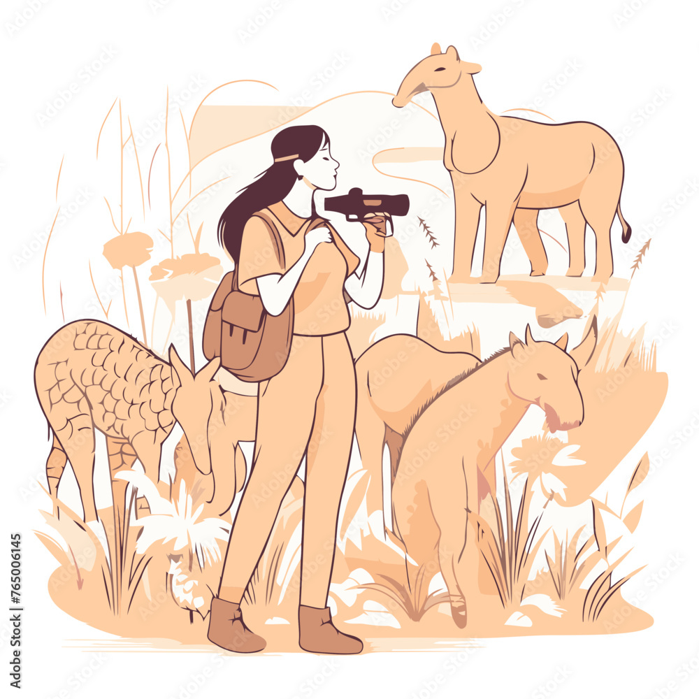 Young woman with binoculars looking at wild animals