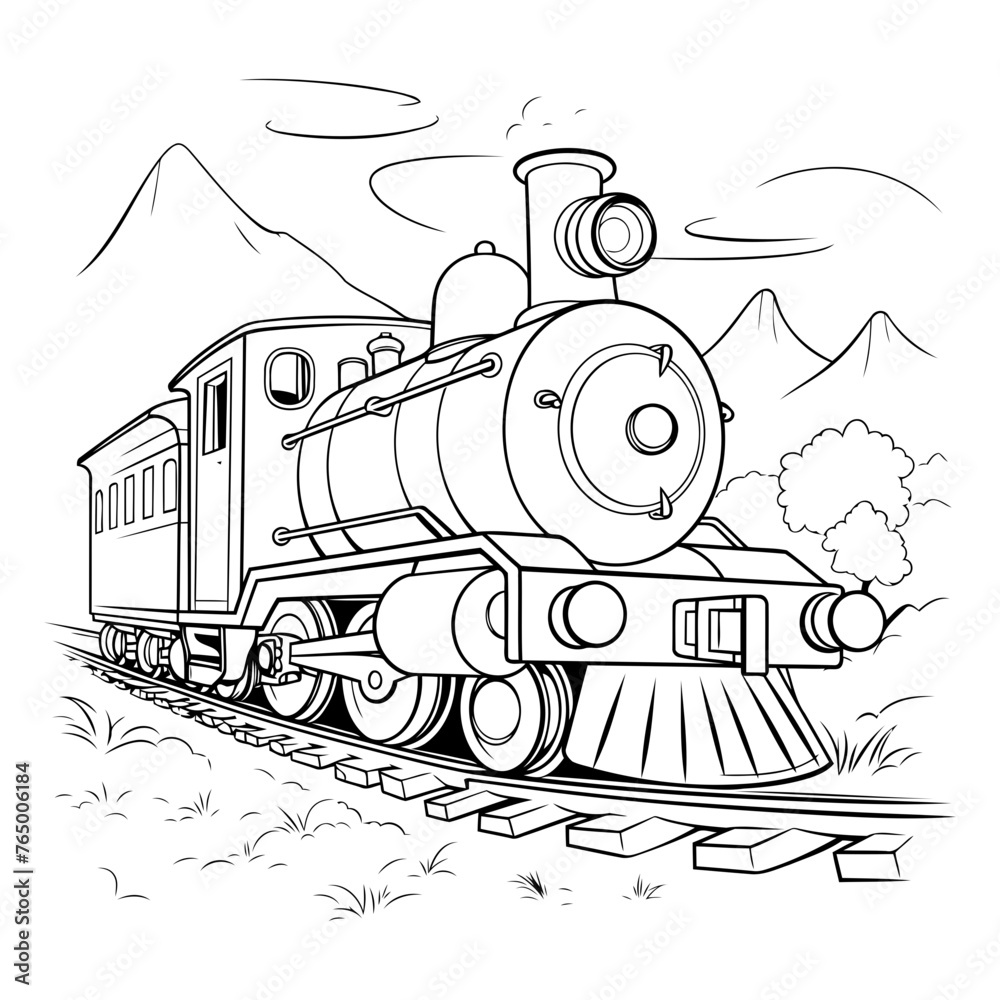 Steam locomotive on the railway tracks. Black and white vector illustration.