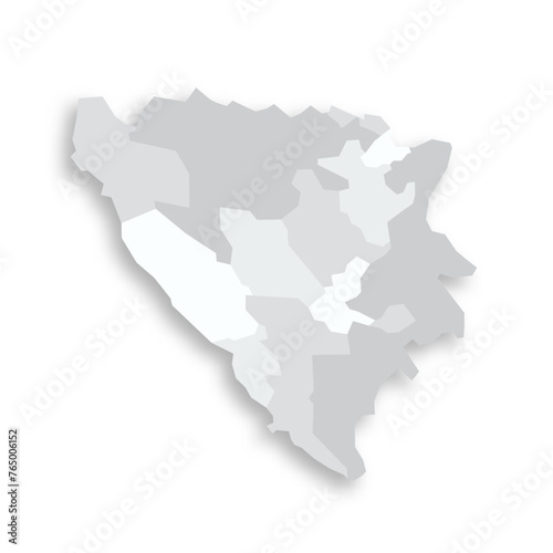 Bosnia and Herzegovina political map of administrative divisions - cantons of Federation of Bosnia and Herzegovina and Republika Srpska. Grey blank flat vector map with dropped shadow.