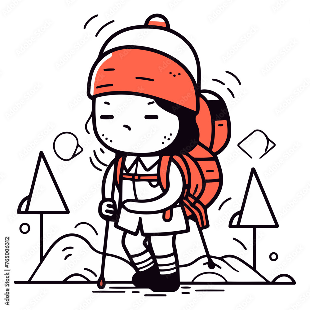 Cute little girl hiking in the mountains. Vector line illustration.