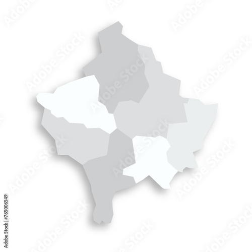 Kosovo political map of administrative divisions - districts. Grey blank flat vector map with dropped shadow.
