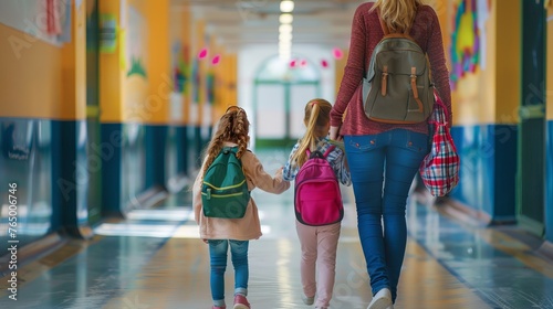 Excited first day at school: mother guides young schoolgirl into first grade adventure photo