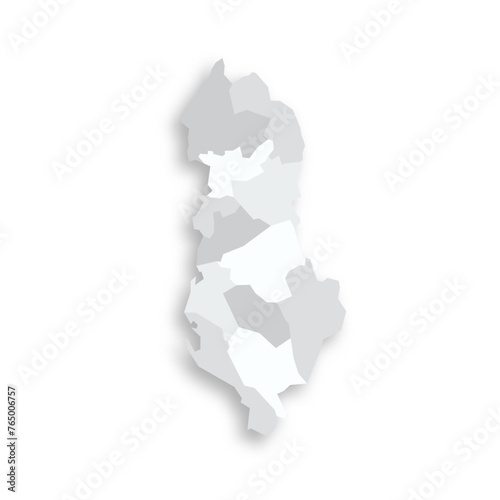 Albania political map of administrative divisions - counties. Grey blank flat vector map with dropped shadow.
