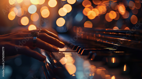 Piano playing in warm ambience, bokeh on Christmas lights 