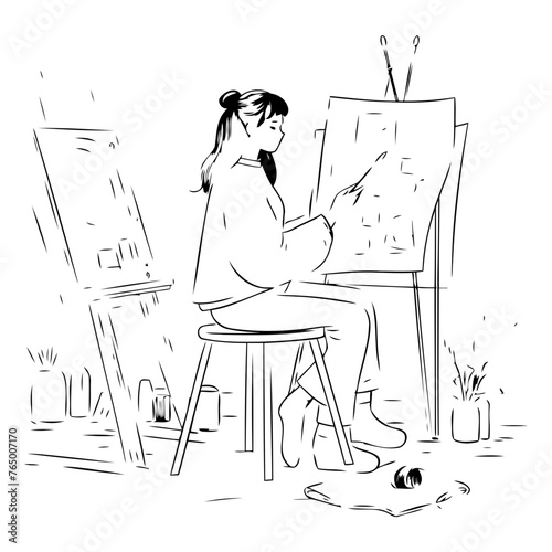 Young woman painting a picture on easel. Hand drawn vector illustration. © Waqar
