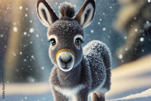 A baby donkey, realistic, googly eyes, playing in snow © Priyanka