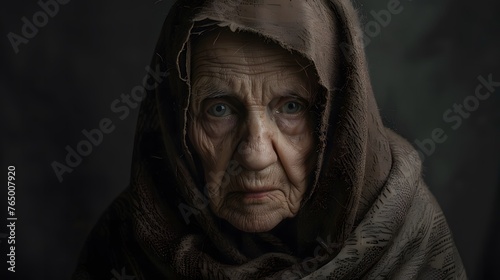 A portrait of an old woman with a brown headscarf wrapped around face