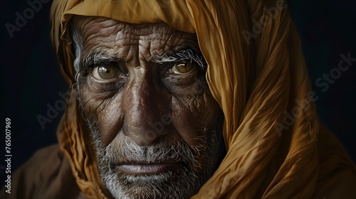 A portrait of an old man with a brown headscarf wrapped around face
