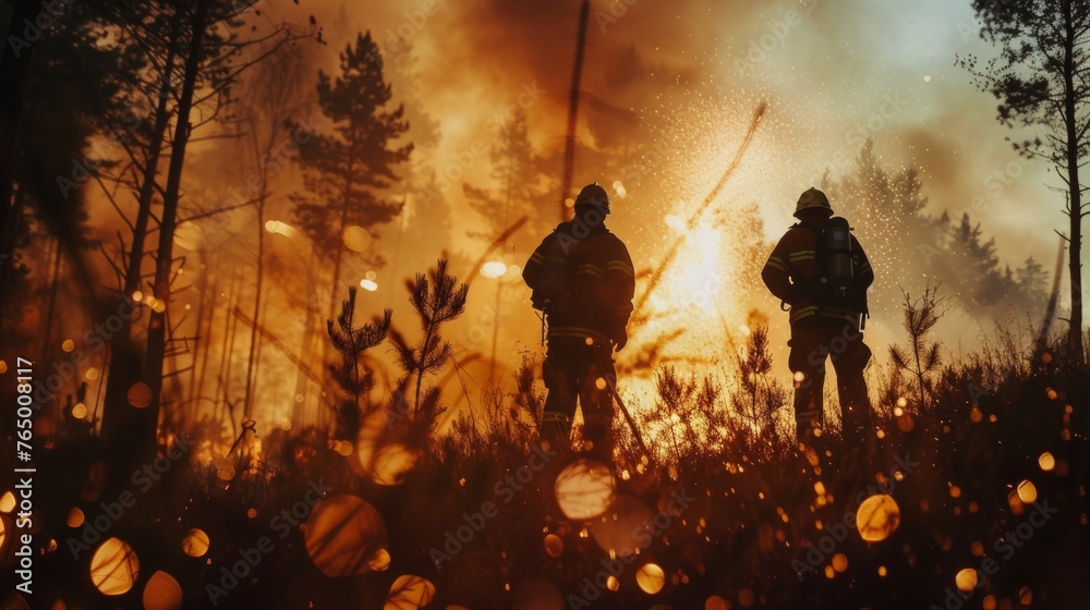 Fototapeta premium Firefighter fighting to put off fire flames in forest
