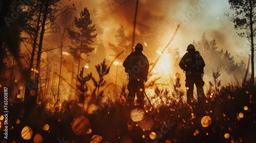 Firefighter fighting to put off fire flames in forest