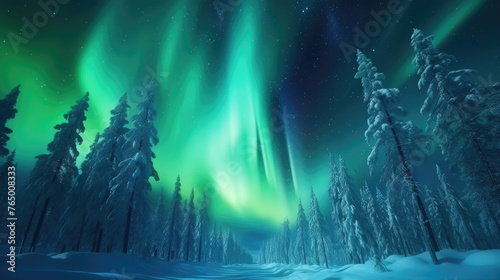 Purple and green aurora / northern particle Lights over tree line, in the moiuntain. Snow winter background. Deep space, galaxy view, 