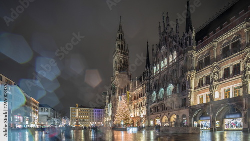 Marienplazt Old Town Square with New Town Hall night timelapse hyperlapse. Bavaria, Germany