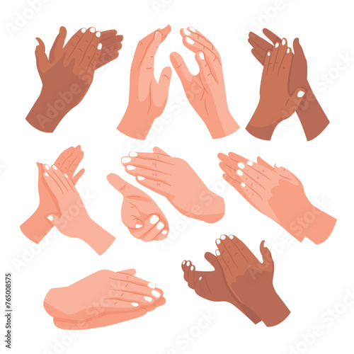 Set of Multiracial male and female Human hands Clapping gesture collection, People crowd applaud to congratulate success job, bravo applause, Audience greeting showing cheer expression, positive.