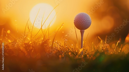 close-up of the tee pegs and golf ball against a sunset-colored green background, concet of international Golf Day