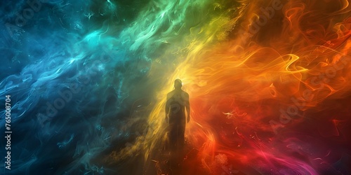 The photo captures the colorful energy field around a human figure. Concept Aura Photography, Energy Field, Human Figure, Colorful, Vibrant #765008704