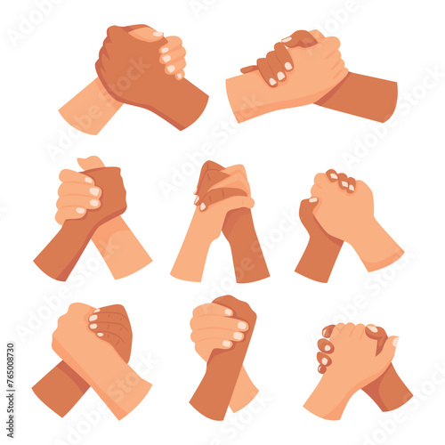 Set of clasped hands collection, hand in hand gesture, holding hands or Wrestling hands, multiracial hands holding each other strongly, cartoon vector illustration, isolated on white background. 