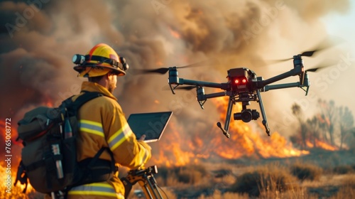 Firefighter operating a drone on site to plan strategy to put off fire