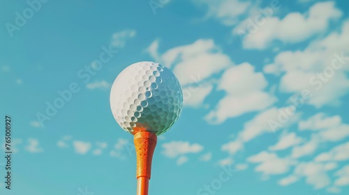 Close-up of white golf ball on orange tee during tee off with golf course background and blue sky and cloud at golf course hole., concet of international Golf Day