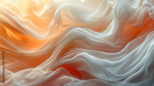 Abstract waves of silk artfully blending white, orange, and gray tones for a serene visual experience