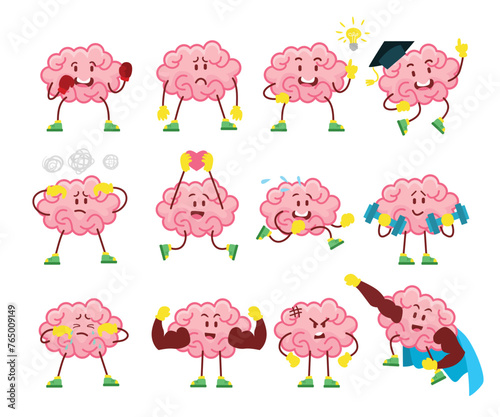 set of cute cartoon brain character collection with chibi or kawaii style, Brain emotion vector cartoon brainy character expression emoticon and intelligence emoji studying vector illustration.
