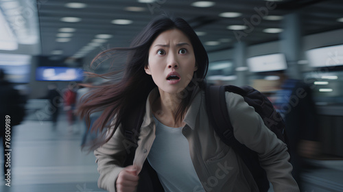 Asian woman being late at the airport, panicked, in a hurry