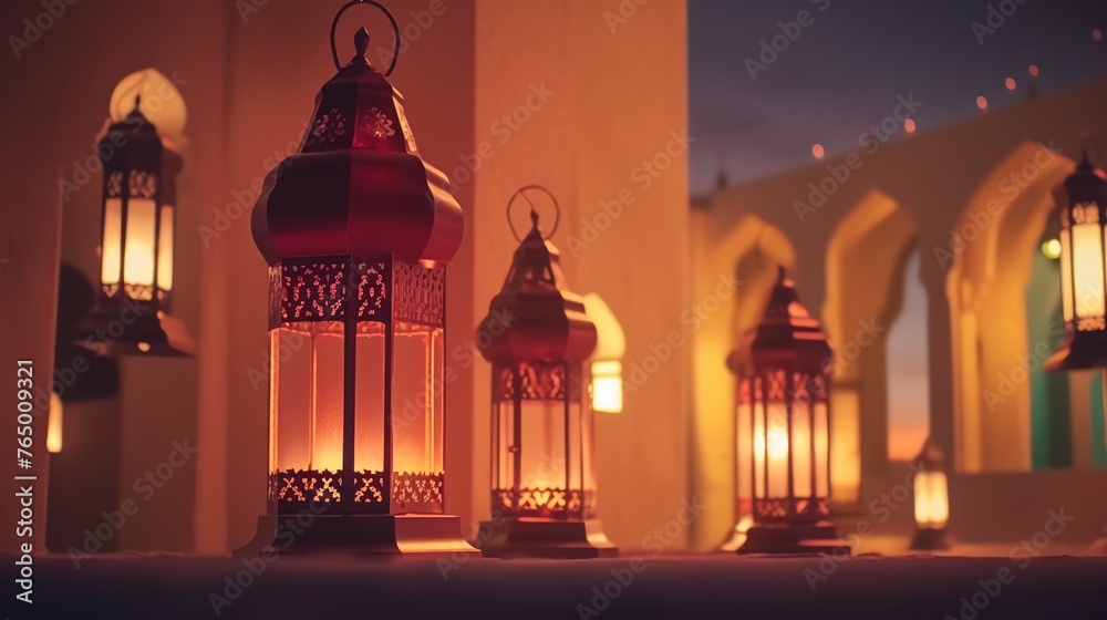 Fototapeta premium islamic lantern background Ideal for ramadhan festive, eid fitr, eid adha, islamic background , cozy, warm, holidays, invitations, and decorations, ratio 16:9px