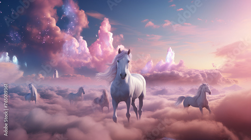 white horses in a pink landscape made of clouds, fantasy
